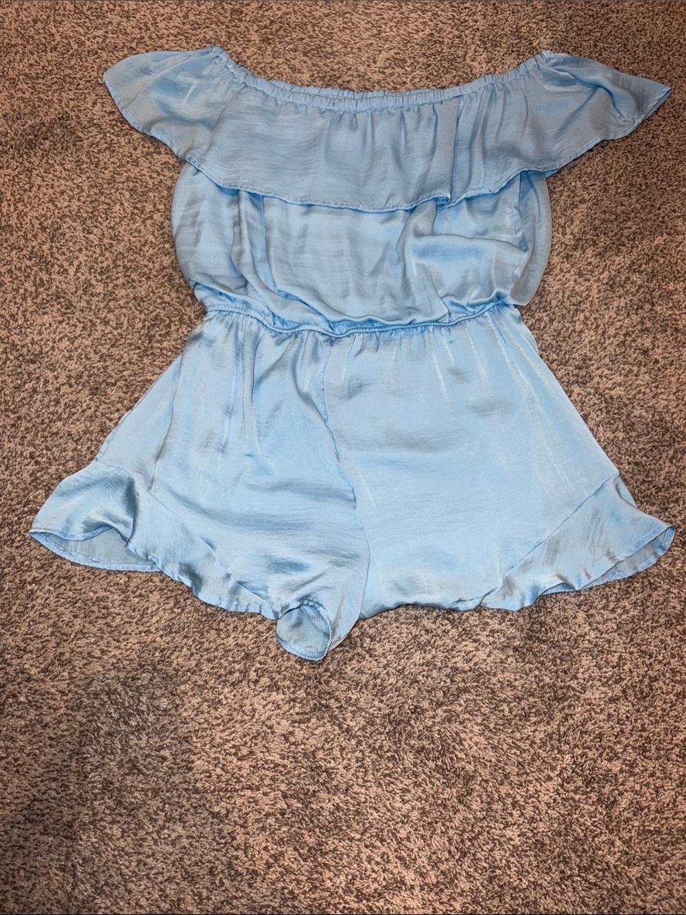 Womens Light Blue Off-Shoulder Ruffle One-Piece Romper